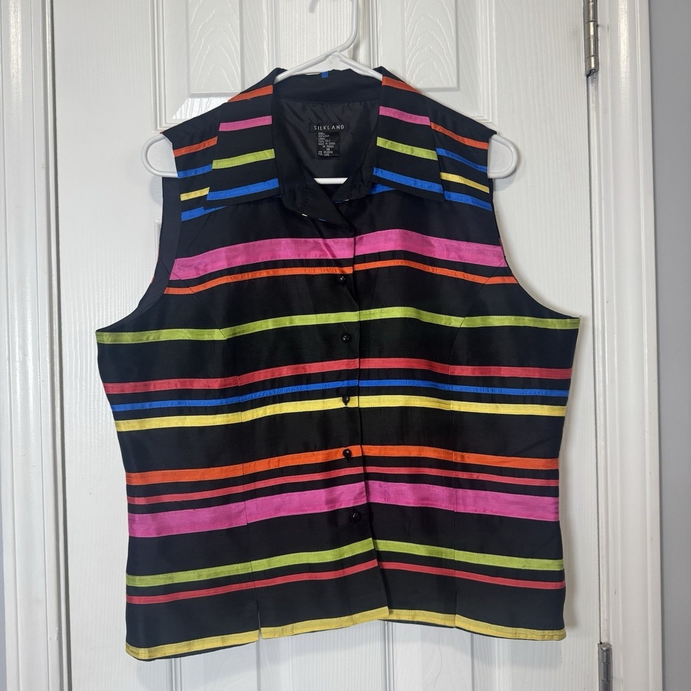 Silkland Button Up Tank Top 100% Silk Black With Colorful‎ Stripes Size 14